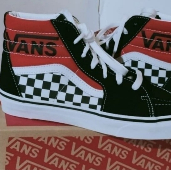 VANS Off The Wall Sk8-Hi Checkered black red Sneaker, Youth 7Y / Women's 8.5 - Picture 7 of 11